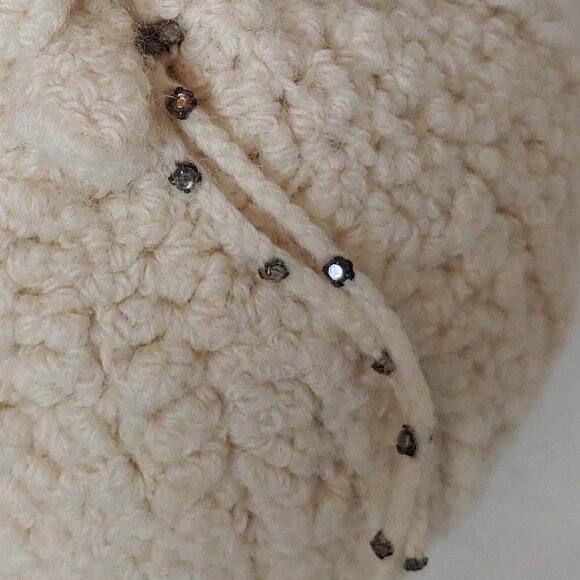 Vintage Hand Knit Hat Crochet Beaded Jeweled Pull String Tie Boho - Picture 9 of 9